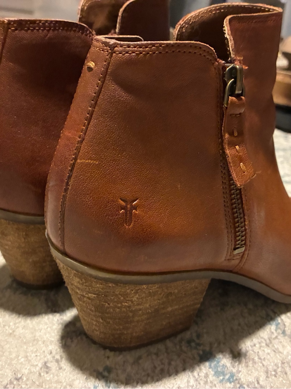 Frye Cognac Leather Ankle Booties with Stacked Heel